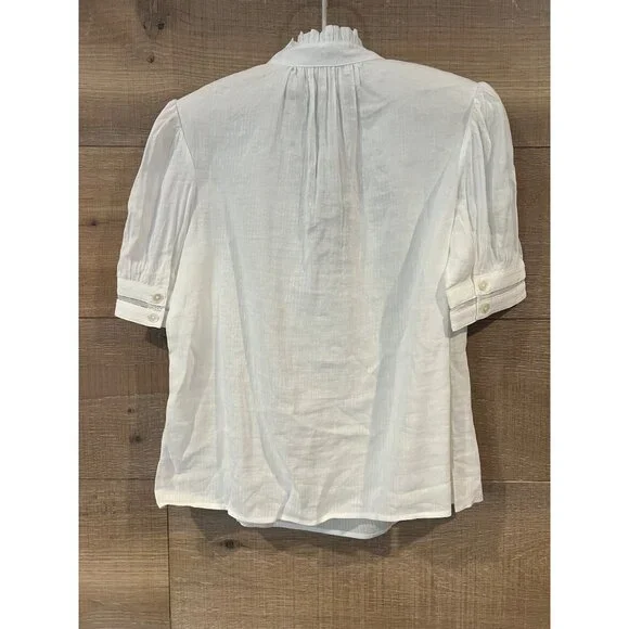 NEW Frame white Linen-Blend Ruffle-Trimmed Top Size XS